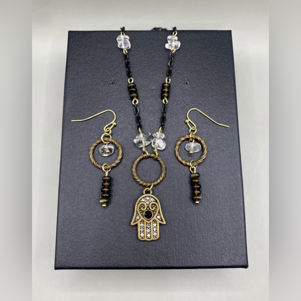 🌚🪬Golden Obsidian Clear Quartz Hamsa Hand Necklace Earring Set